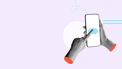 Human hand holding mobile phones with a speech bubble