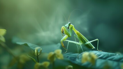 An upside down praying mantis huging with leave