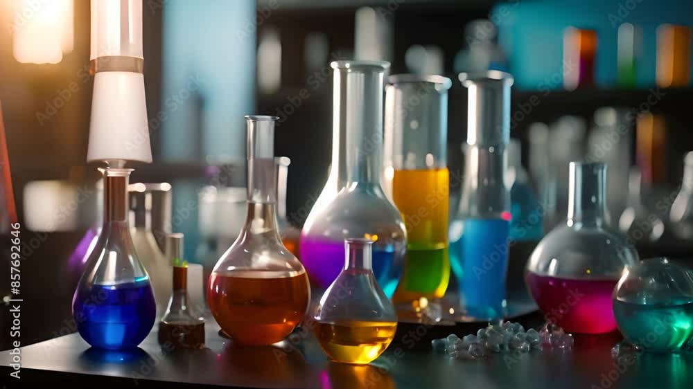 Poster colorful liquids in glass flasks on lab table generative ai