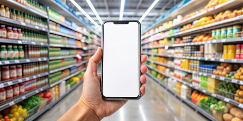Blank screen mockup of smartphone with augmented reality shopping app at supermarket , online shopping, food delivery, technology, grocery, mobile, purchase, convenience