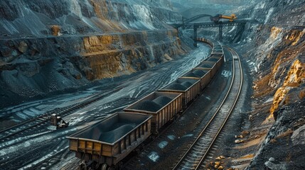 Fototapeta premium Loaded coal wagons on railway tracks, mined ore being transported, industrial backdrop, raw style, detailed and rugged