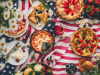 Fototapeta premium Patriotic family picnic with American flag-themed food and decor, joyful and festive Fourth of July 