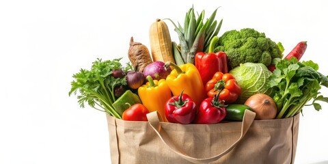 Organic vegetables in eco shopping bag on white background. Healthy food selection. Eco friendly reusable bag with fresh produce, Organic, vegetables, eco, shopping bag