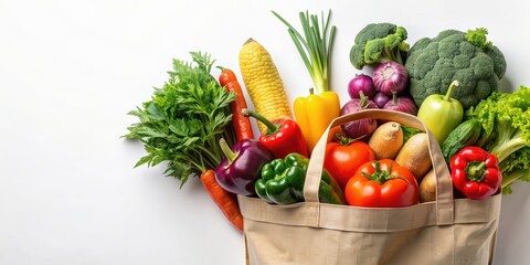 Organic vegetables in eco shopping bag on white background. Healthy food selection. Eco friendly reusable bag with fresh produce, Organic, vegetables, eco, shopping bag
