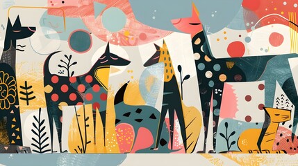 Colorful cartoon graffiti art and dog art on a brick wall, perfect for a child's bedroom or party decoration