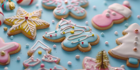 Sch&ouml;ne bunte Weihnachtskekse auf Tisch ausgelegt