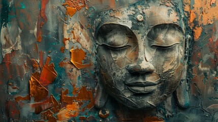 Meditative Buddha face in abstract oil painting, rich textures on background, calm and peaceful vibe, raw and detailed