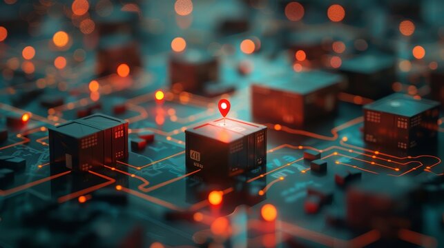 Map-based shipping concept, with logistics routes and tracking pins, online courier service depiction, raw and accurate