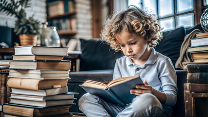 Focused Child Studying with Books: A focused child sitting with books, engrossed in studying.
