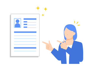 履歴書を指差して解決策を示すビジネスウーマンのイラスト