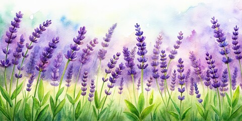 Obraz premium Watercolor of purple lavender flowers and green leafs in a garden field, watercolor,lavender, flowers, garden, field, purple, green, leafs, nature, botanical, peaceful, serene, tranquil
