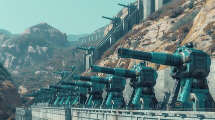Fototapeta premium Great Wall cannons strategic placement theme front view Strategic cannon placement, futuristic tone Analogous Color Scheme