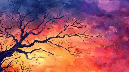 Mesmerizing watercolor sunset with dry tree branches silhouetted against a vibrant sky, perfect for a creative banner with ample copy space
