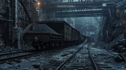 Obraz premium Mined coal loaded in dark railway wagons, transport scene, gritty and raw, showing industrial machinery and tracks