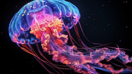 Fototapeta premium Neon glowing jellyfish, detailed 3D render, isolated on black background, vibrant and luminous, raw and captivating