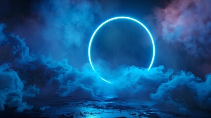 Neon laser circle in a classic shape, blue light glowing, amidst cloud fog and steam, vibrant sci-fi scene, raw and vivid