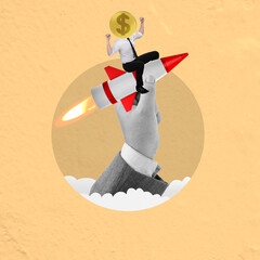 A business hand holding a flying rocket while a businessman with a dollar coin head sitting on it