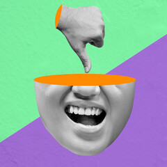 A human hand showing thumbs down gesture inside a woman's head © Leo Lintang