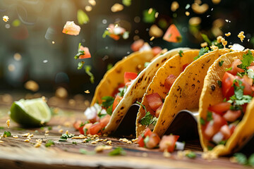 Chopped toppings flying out of a Mexican taco