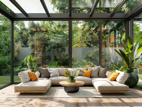 Sch&ouml;ner gro&szlig;er Wintergarten mit stilvollen M&ouml;bel. Blick auf den Garten. Modernes Ambiente