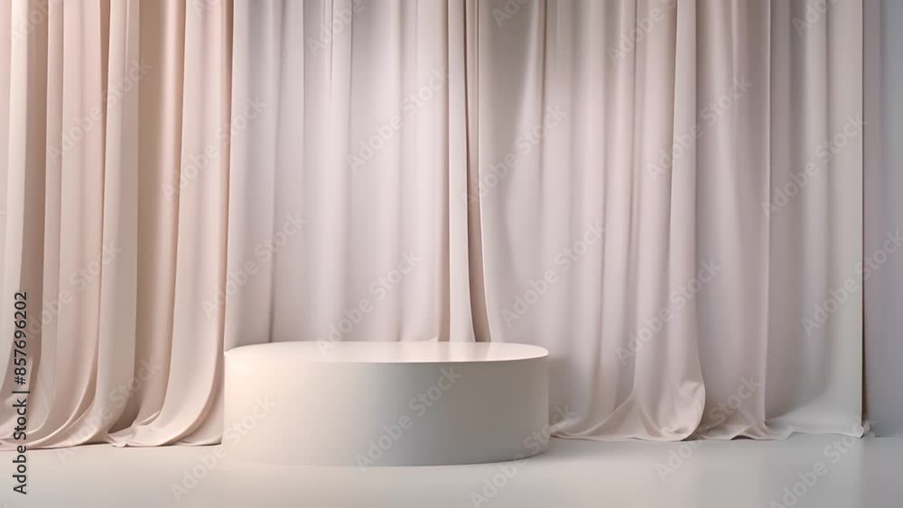 Poster beige curtains and circular platform generative ai