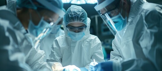 Surgeons and medical staff in protective gear performing a complex surgical procedure in a modern operating room.