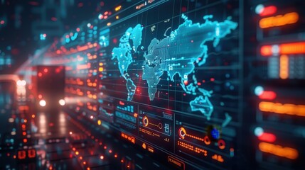 Obraz premium High-tech digital world map interface with data visualization, analytics, and glowing elements in a futuristic control room setting.