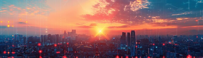 Fototapeta premium A breathtaking sunset over a modern city skyline, enhanced with a digital network overlay, symbolizing technology and connectivity.