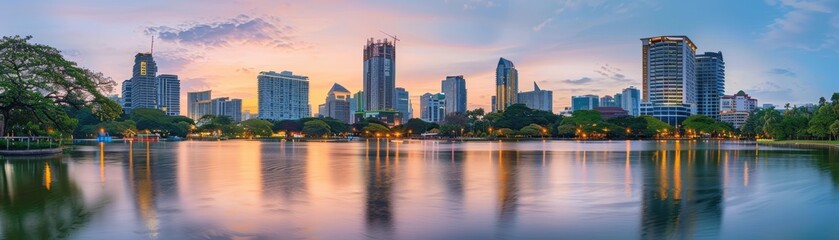 Obraz premium Panoramic view of a city skyline at dusk with buildings reflecting on a calm lake in the foreground, showcasing urban architecture and serene nature.
