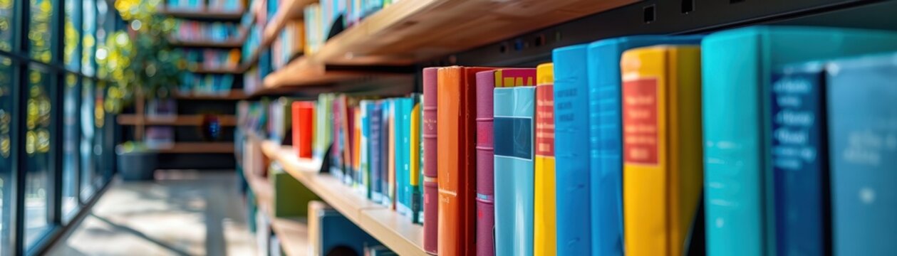 Colorful books neatly arranged on shelves in a contemporary library with large windows, natural light, and indoor plants.