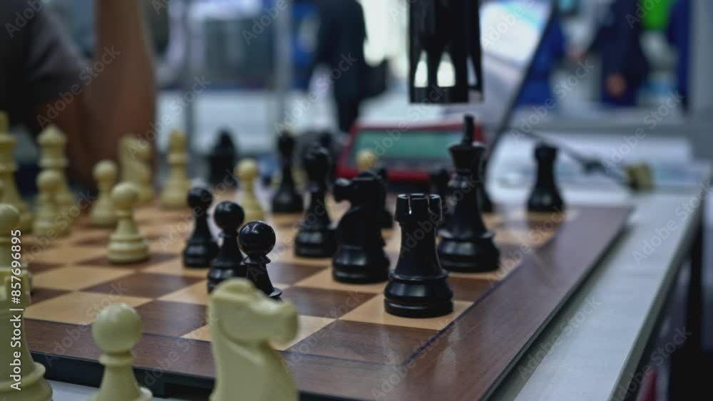 Poster man is playing chess with robot. media. man is playing chess against robot at exhibition. artificial
