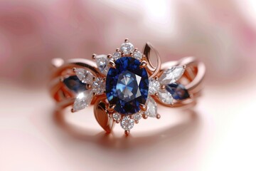 A luxurious sapphire ring with sparkling diamonds set in rose gold, showcased on a soft pink backdrop
