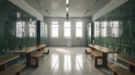 Empty green locker room with benches