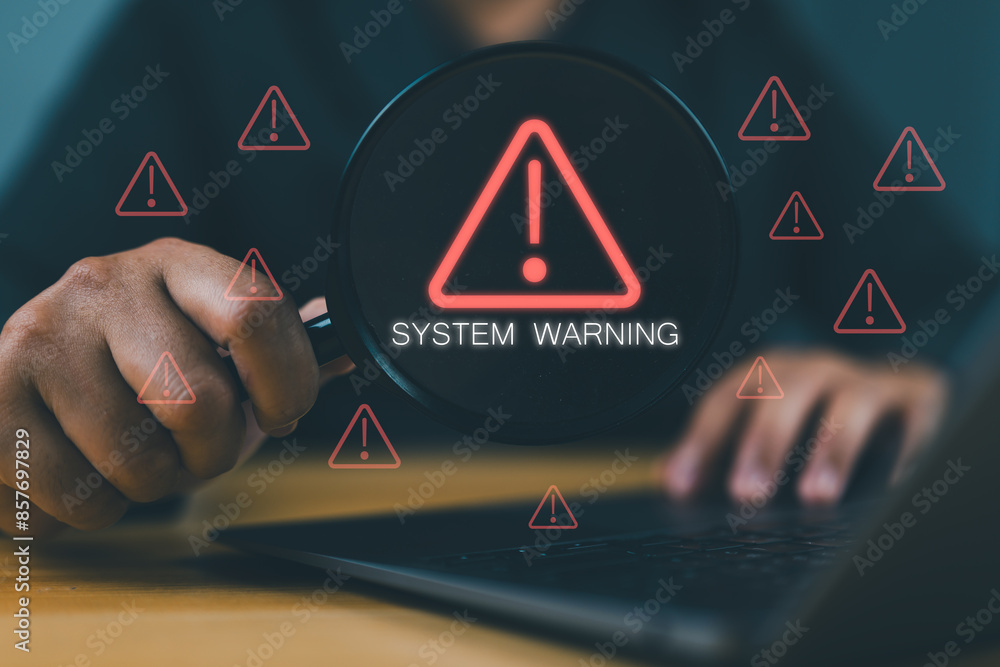 Poster System warning hacked alert, cyber attack on computer network. Cybersecurity vulnerability, data breach, illegal connection, compromised information concept. Malicious software, virus and cybercrime.