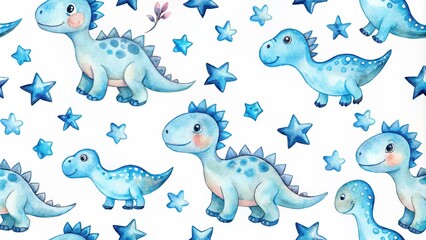Watercolor blue baby dinosaur and stars seamless pattern on white background, dinosaur, baby, blue, watercolor, stars, seamless, pattern, white background, fabric, textile, wrapping