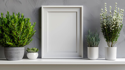Mockup Frame on shelf, canvas white and empty, generated ai