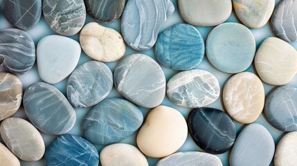 Tranquil pebble mosaic featuring a calming color palette of grey, blue, and cream.