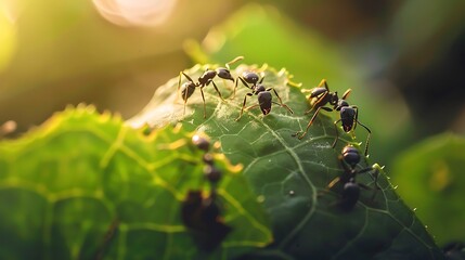 Ants biting leaf to build nest animal behavior
