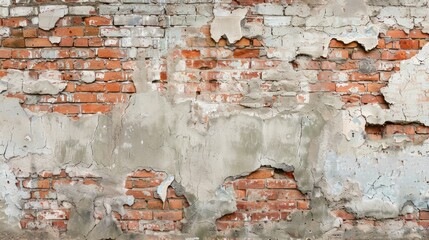 Cracked old red brick wall with cement front view space for text