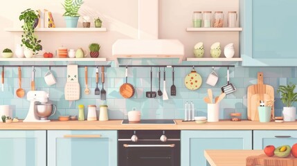 Interior of light kitchen with counters