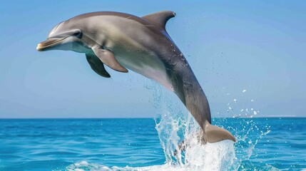 Obraz premium A dolphin gracefully jumps out of the clear blue ocean water on a sunny day over the beautiful tropical sea.