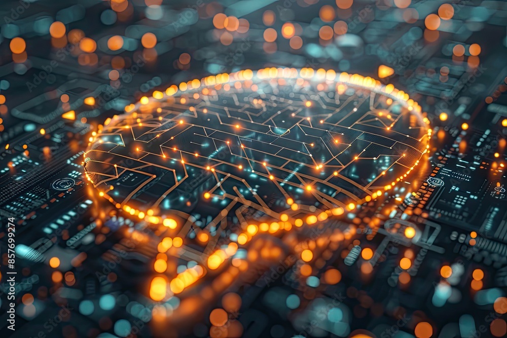 Poster futuristic digital brain shape with glowing circuit board pattern, symbolizing artificial intelligen