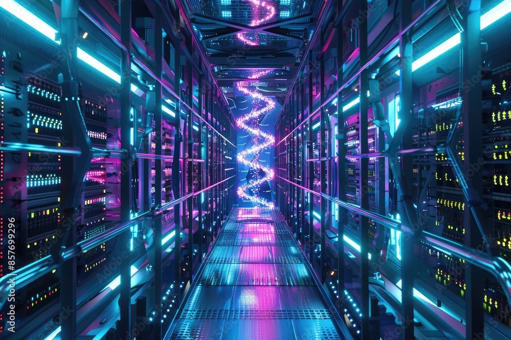 Aufkleber futuristic server room with vibrant neon lights and advanced technology creating a modern data cente