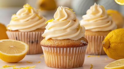 Tasty delicious lemon cream cupcake with lemon zest on light background