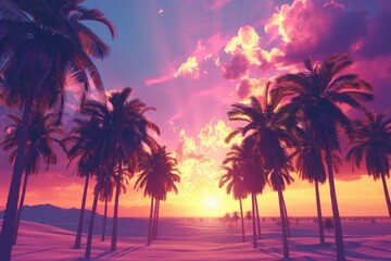 Fototapeta premium Desert oasis with palm trees and a colorful sunset background