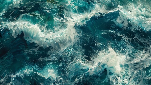 Oceanic waves crashing on coastal reef with top-down perspective, exhibiting storm conditions, distinctive water hues, and tetradic color palette.