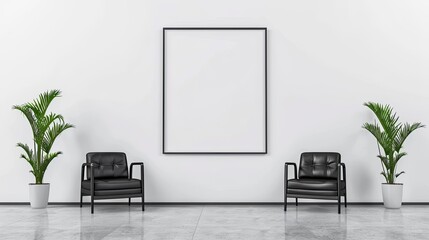 Mockup image of a minimalist empty room with an empty frame leaning against a concrete wall