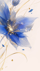 Abstract blue flower and gold foil fluid art. Modern liquid marble design for creative backgrounds and wallpapers. Image for use in interior design with copy space.