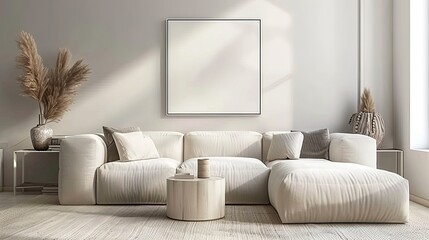 Modern minimalist living room with neutral tones, featuring a cozy sofa, chic coffee table, and elegant decor under natural sunlight.