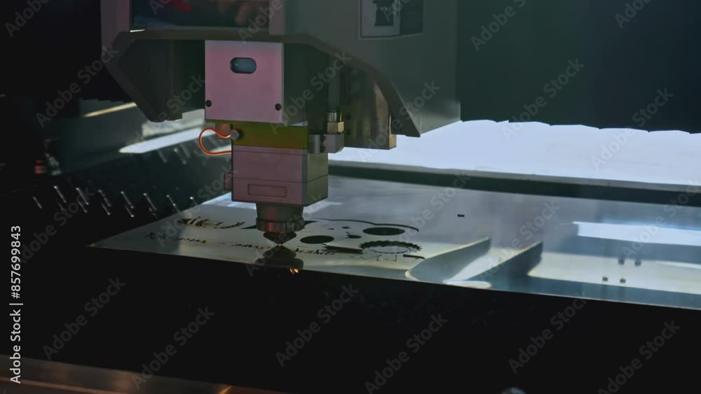 Poster robotic machine carves patterns on metal. media. artificial intelligence in industrial machine with 